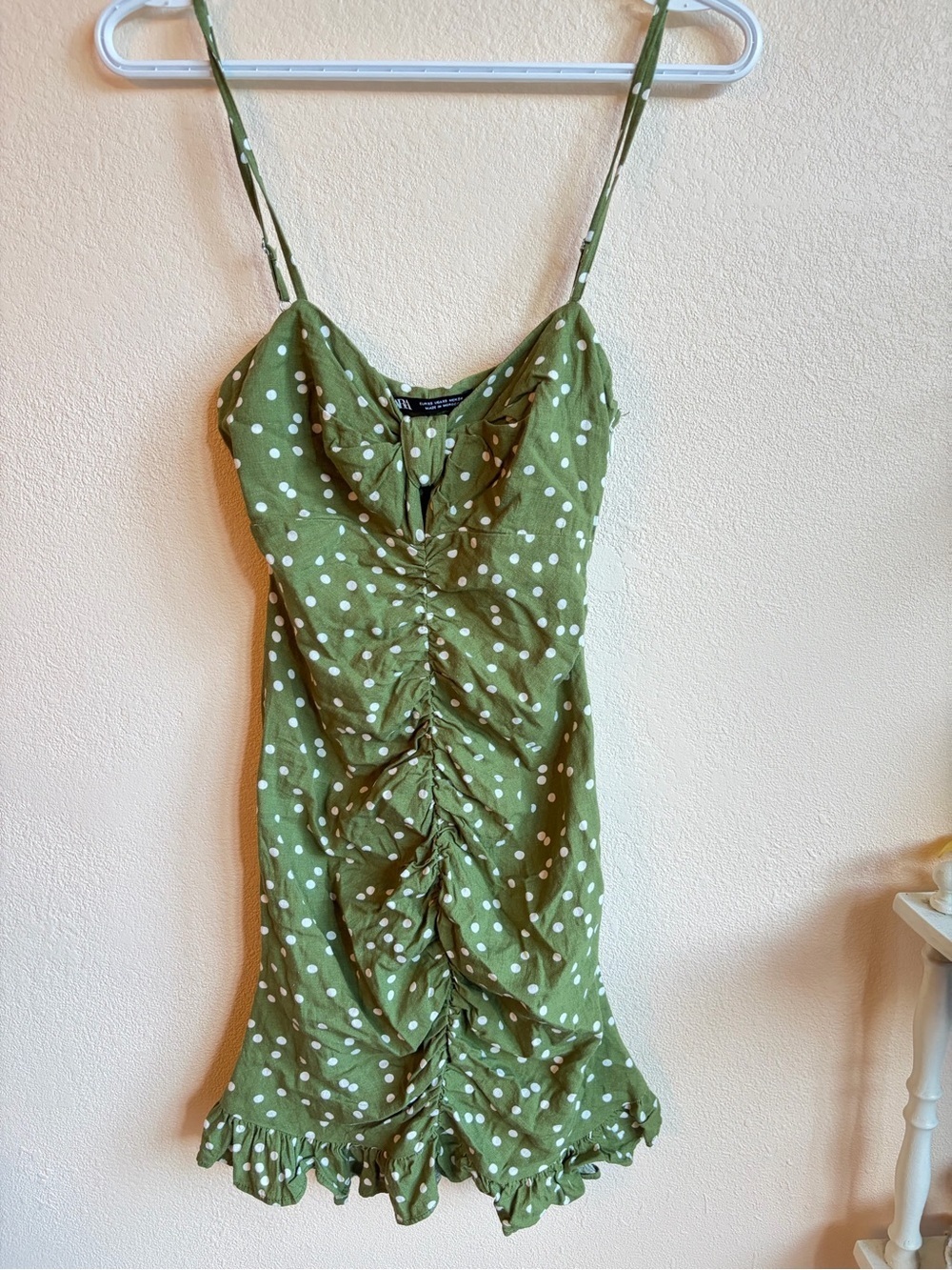 Zara Green White Linen Polka Dot Ruched Mini Dress Ruffle Hem Cottagecore Y2K - Picture 2 of 9